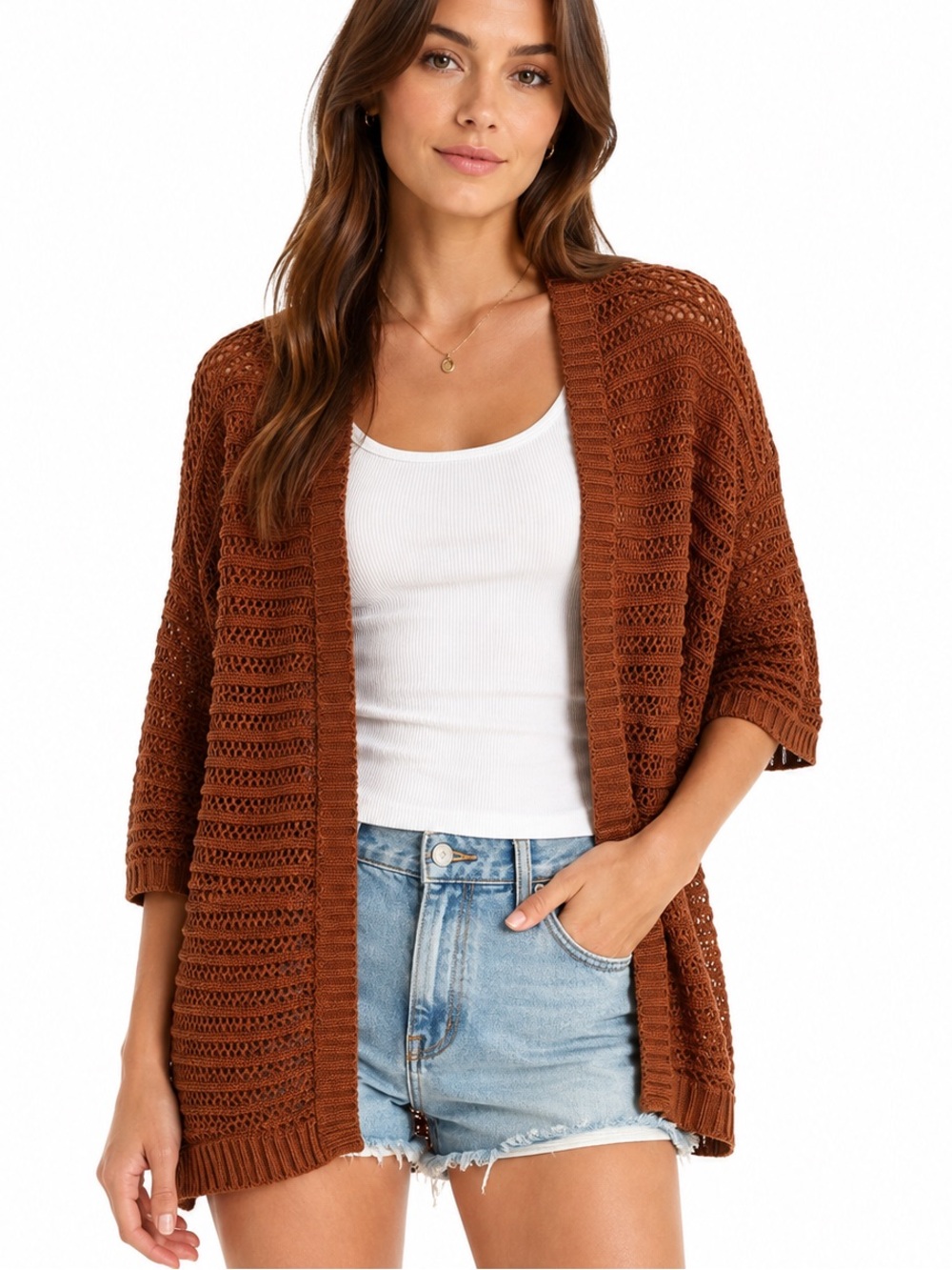 ModCloth cardigan open knit sweater rust brown color s/m 1/2 sleeves